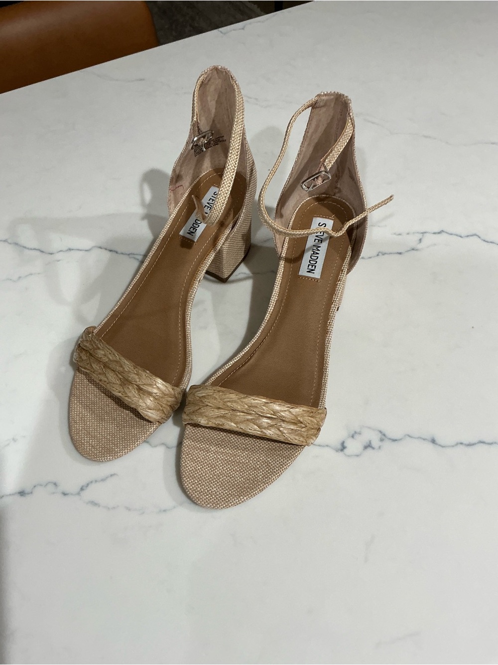 Steve Madden Natural Braided Strap Block Heel Sandals